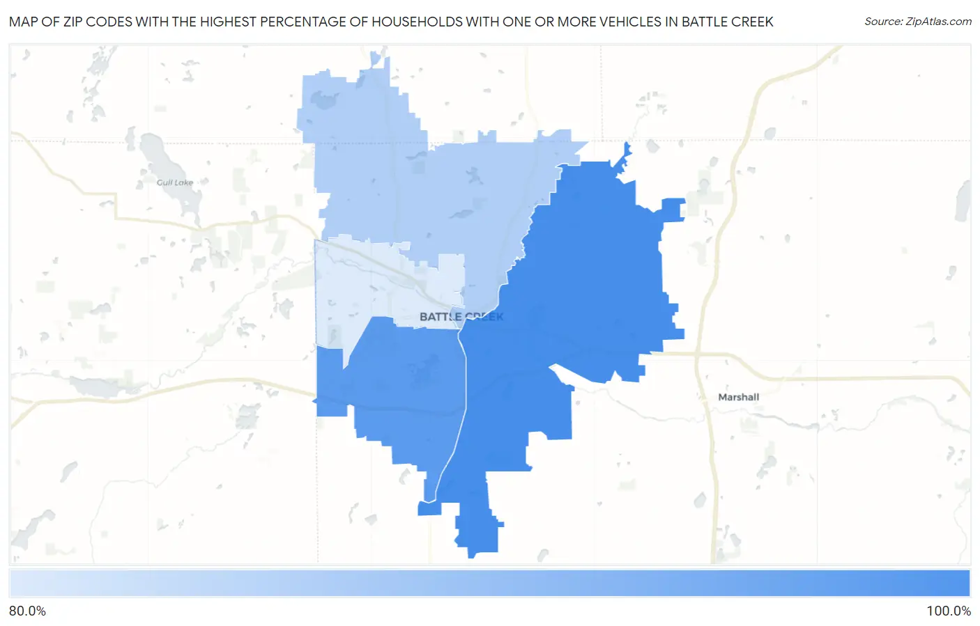 Zip Codes with the Highest Percentage of Households With One or more Vehicles in Battle Creek Map