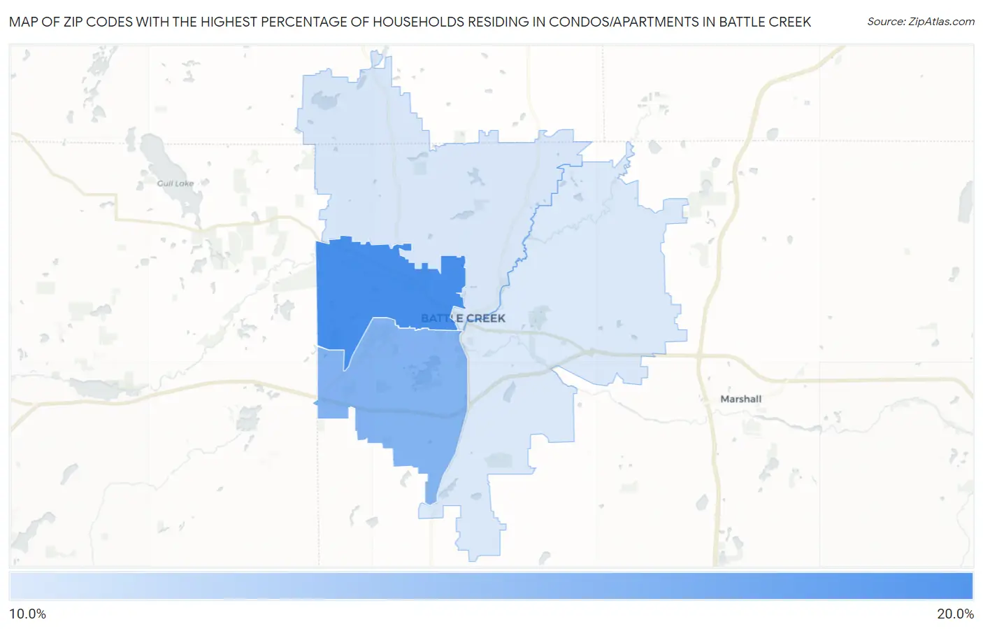 Zip Codes with the Highest Percentage of Households Residing in Condos/Apartments in Battle Creek Map