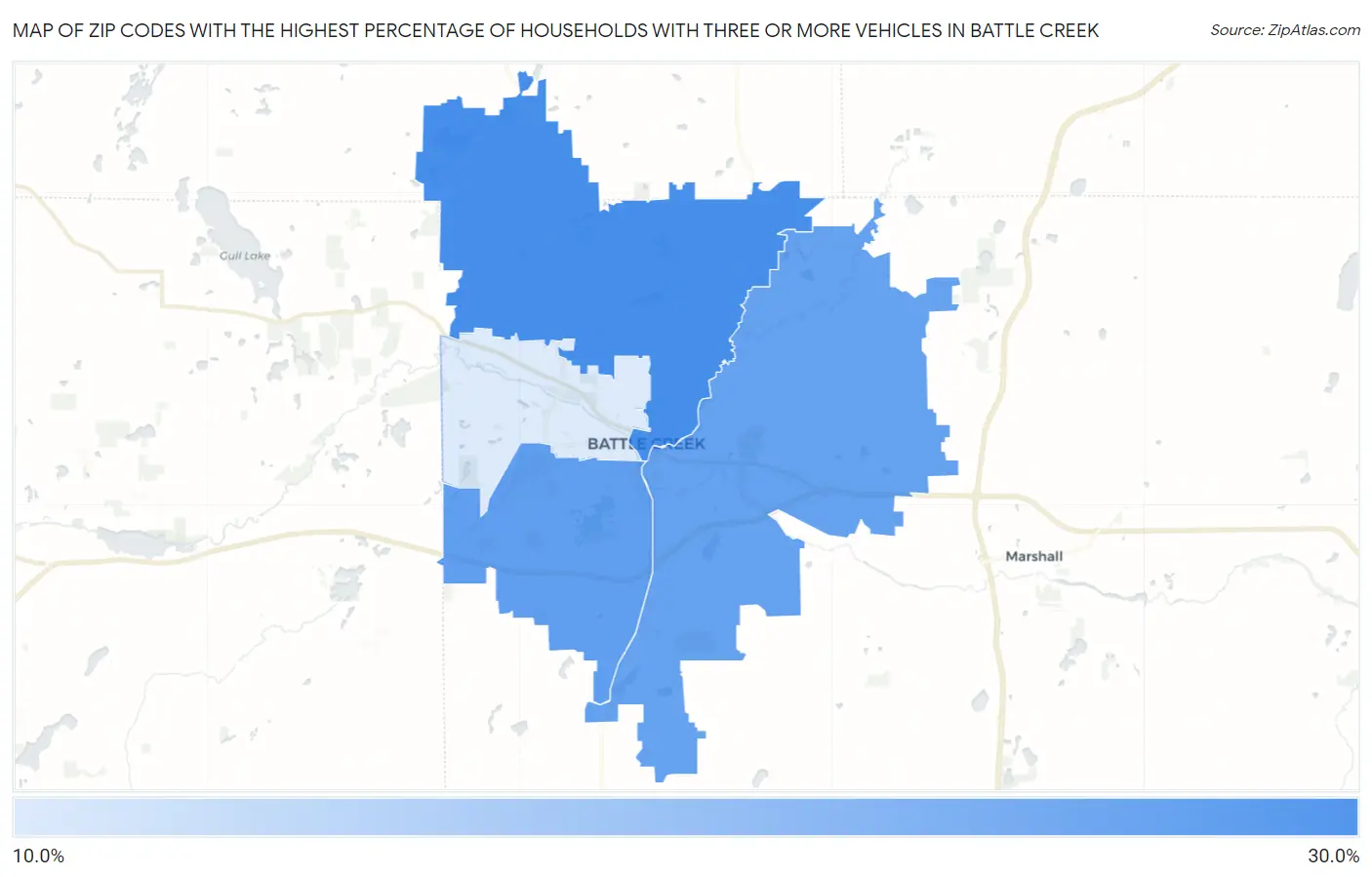 Zip Codes with the Highest Percentage of Households With Three or more Vehicles in Battle Creek Map