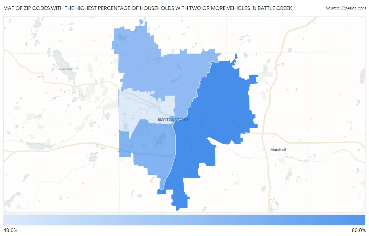 Zip Codes with the Highest Percentage of Households With Two or more Vehicles in Battle Creek Map