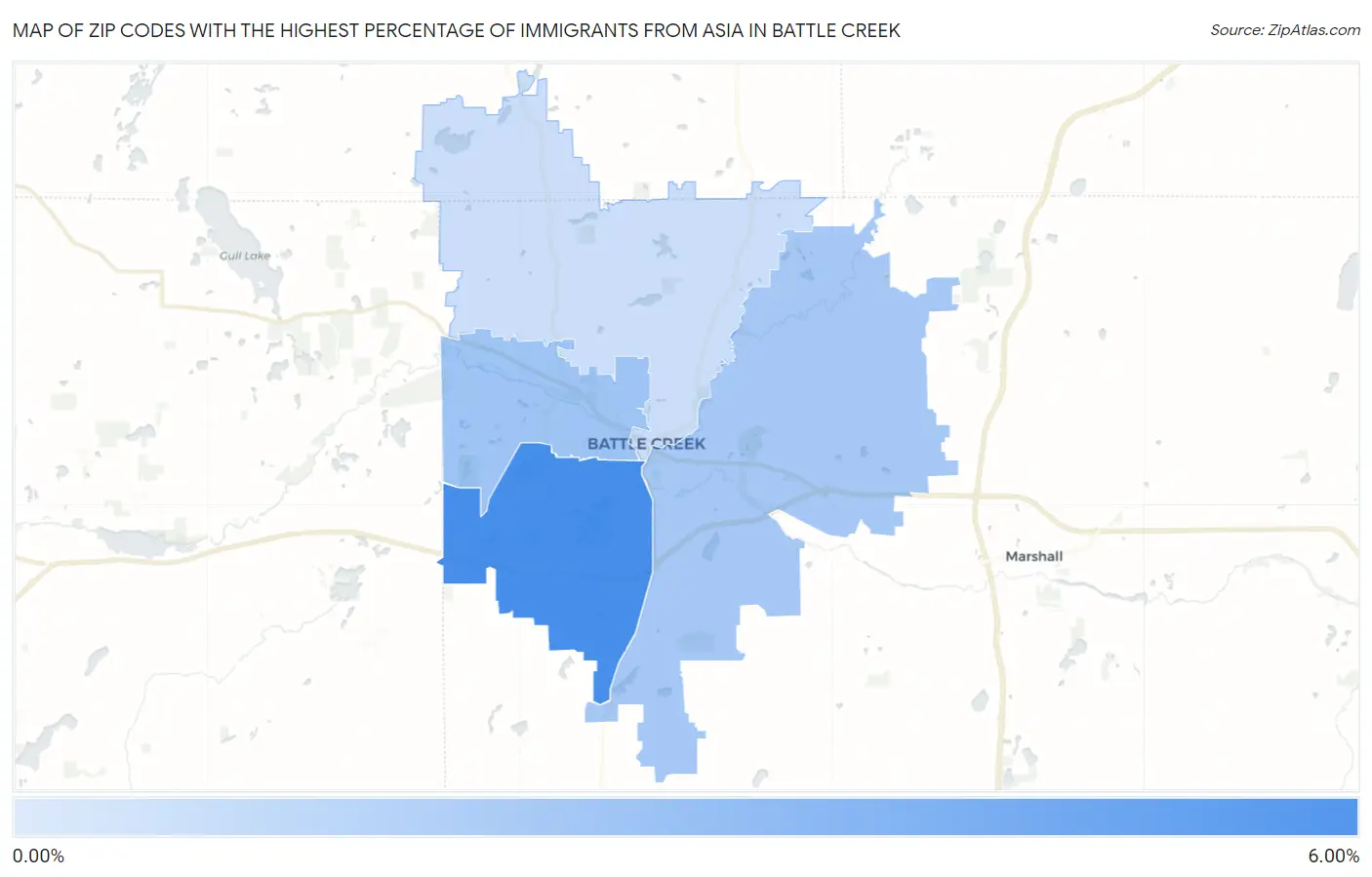 Zip Codes with the Highest Percentage of Immigrants from Asia in Battle Creek Map