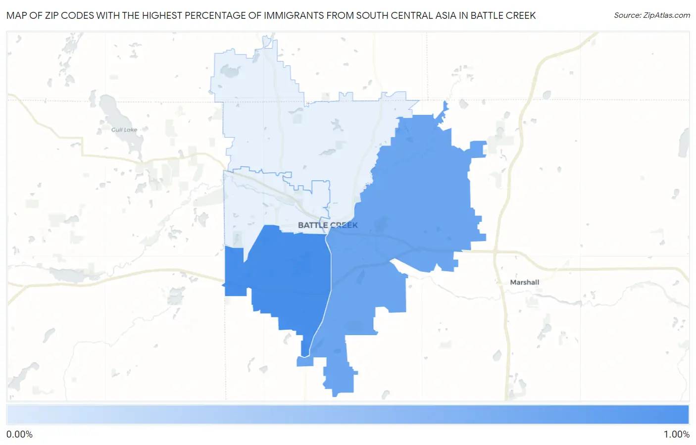 Zip Codes with the Highest Percentage of Immigrants from South Central Asia in Battle Creek Map
