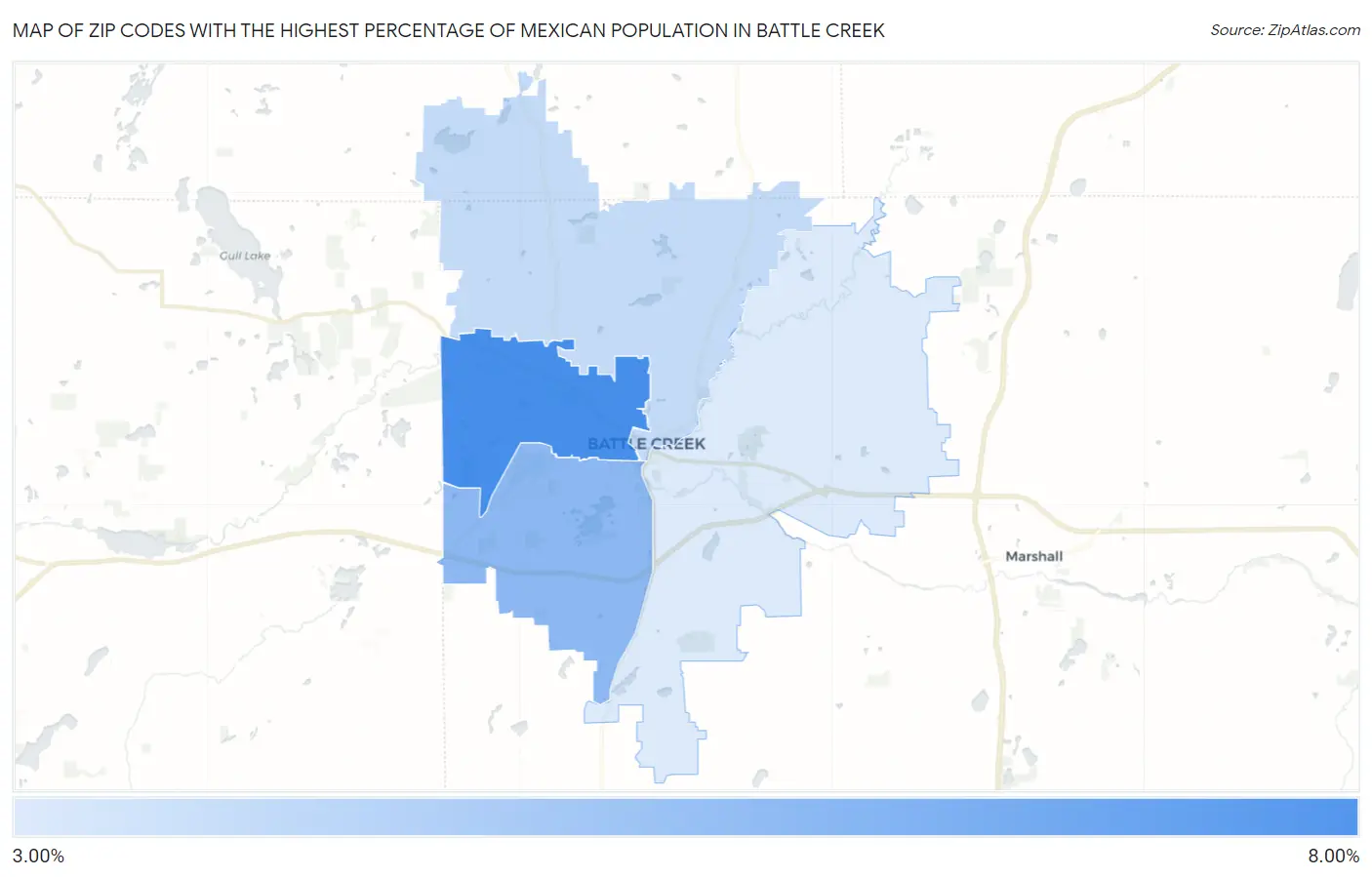 Zip Codes with the Highest Percentage of Mexican Population in Battle Creek Map
