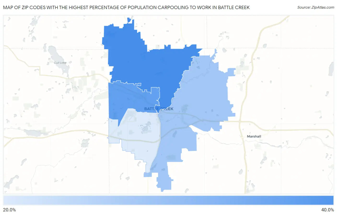 Zip Codes with the Highest Percentage of Population Carpooling to Work in Battle Creek Map
