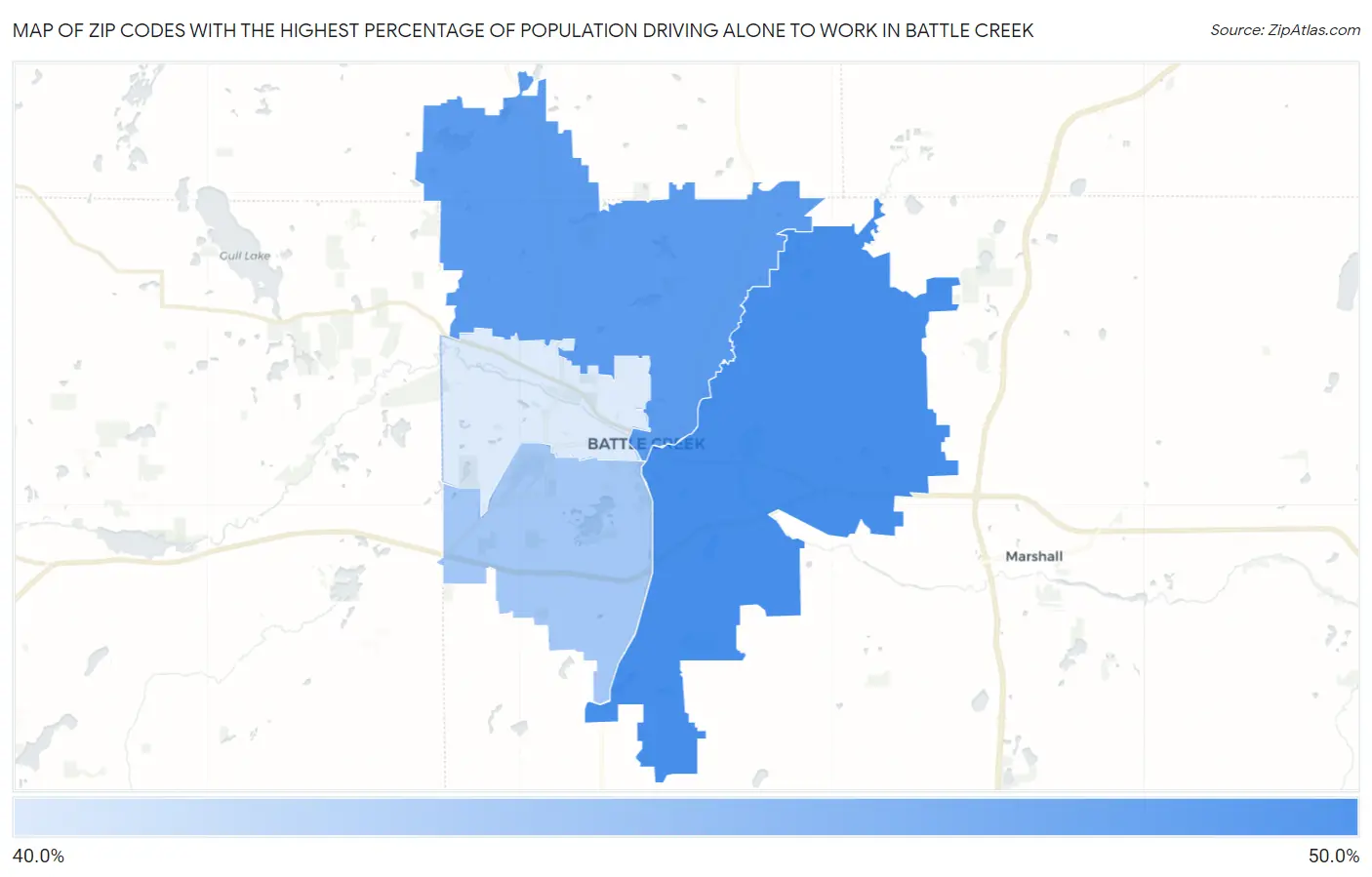 Zip Codes with the Highest Percentage of Population Driving Alone to Work in Battle Creek Map