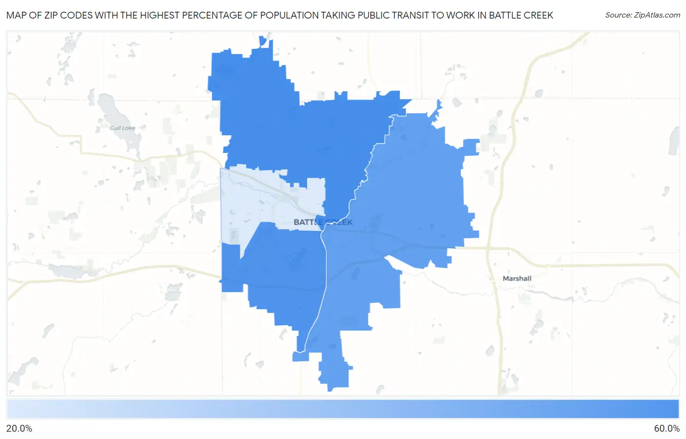 Zip Codes with the Highest Percentage of Population Taking Public Transit to Work in Battle Creek Map