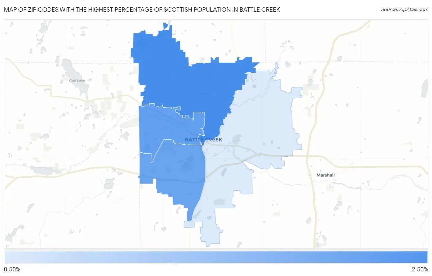 Zip Codes with the Highest Percentage of Scottish Population in Battle Creek Map