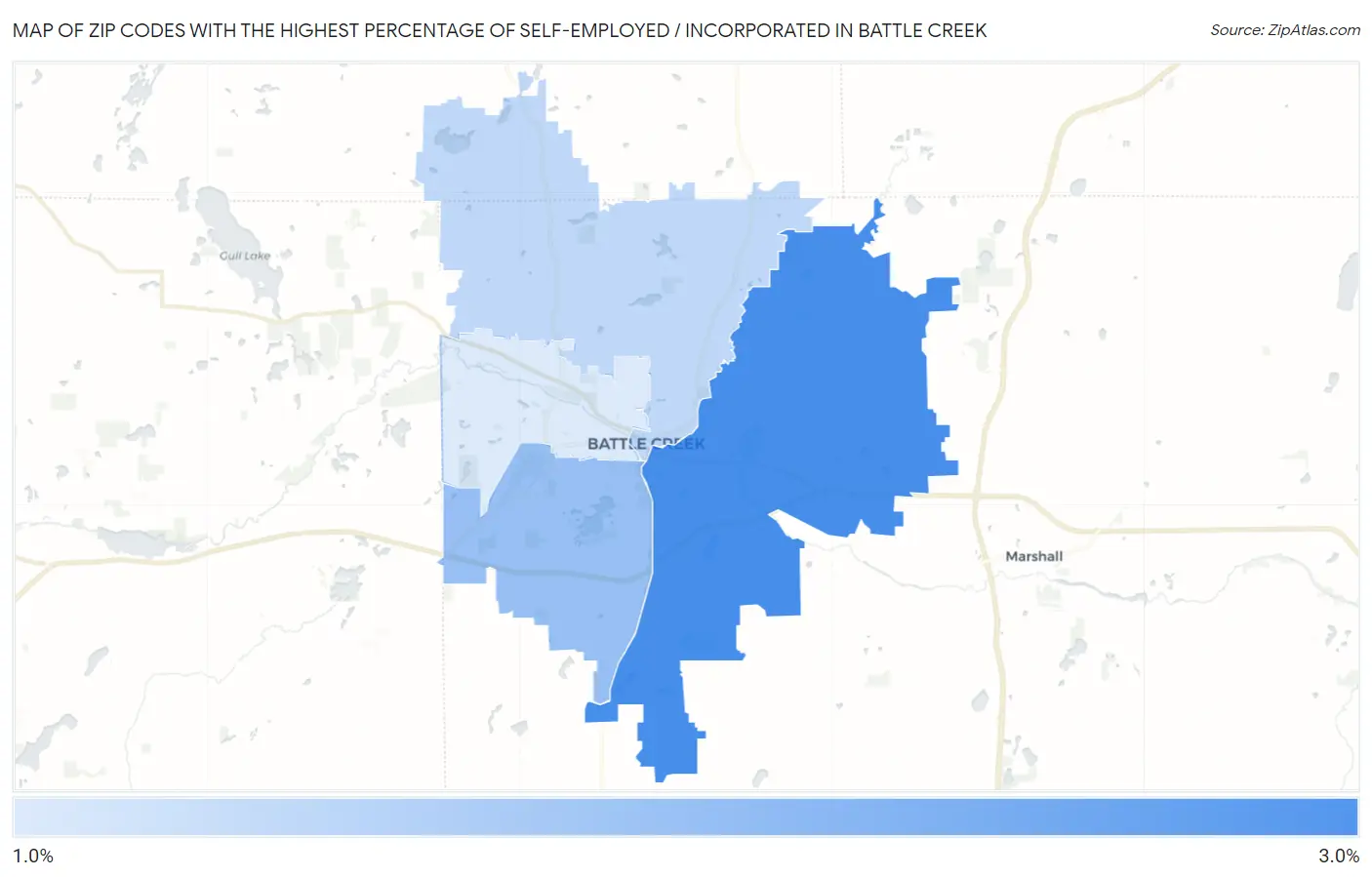 Zip Codes with the Highest Percentage of Self-Employed / Incorporated in Battle Creek Map