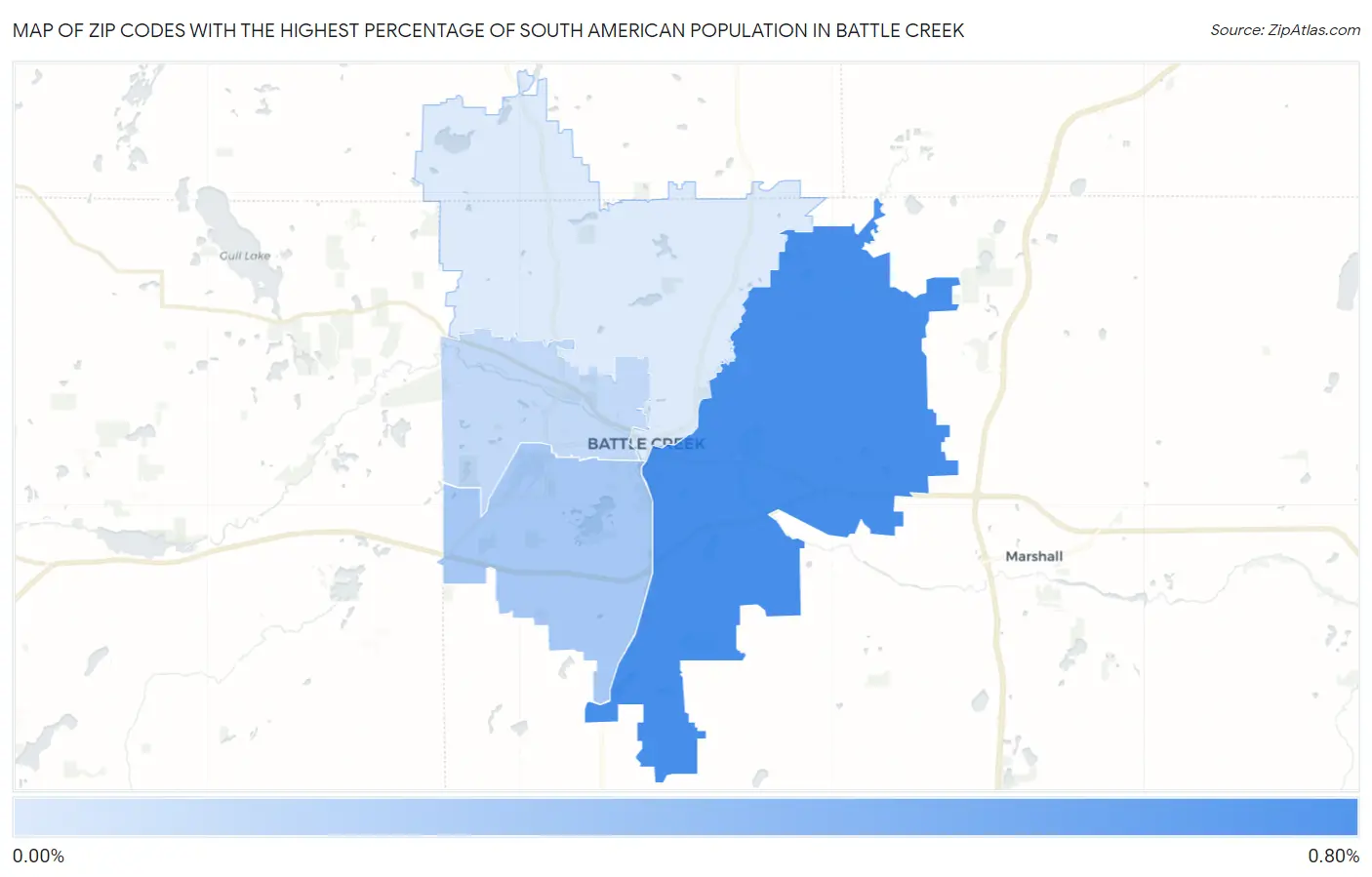 Zip Codes with the Highest Percentage of South American Population in Battle Creek Map