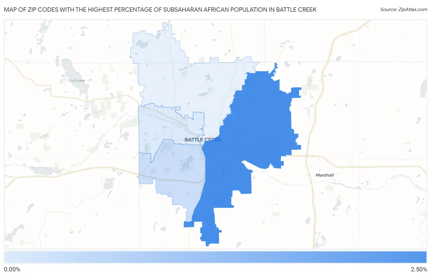 Zip Codes with the Highest Percentage of Subsaharan African Population in Battle Creek Map