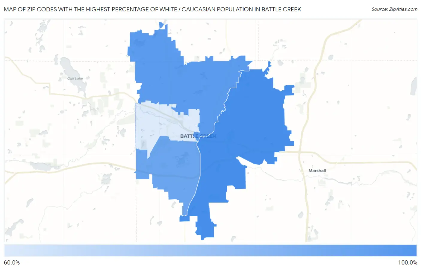 Zip Codes with the Highest Percentage of White / Caucasian Population in Battle Creek Map