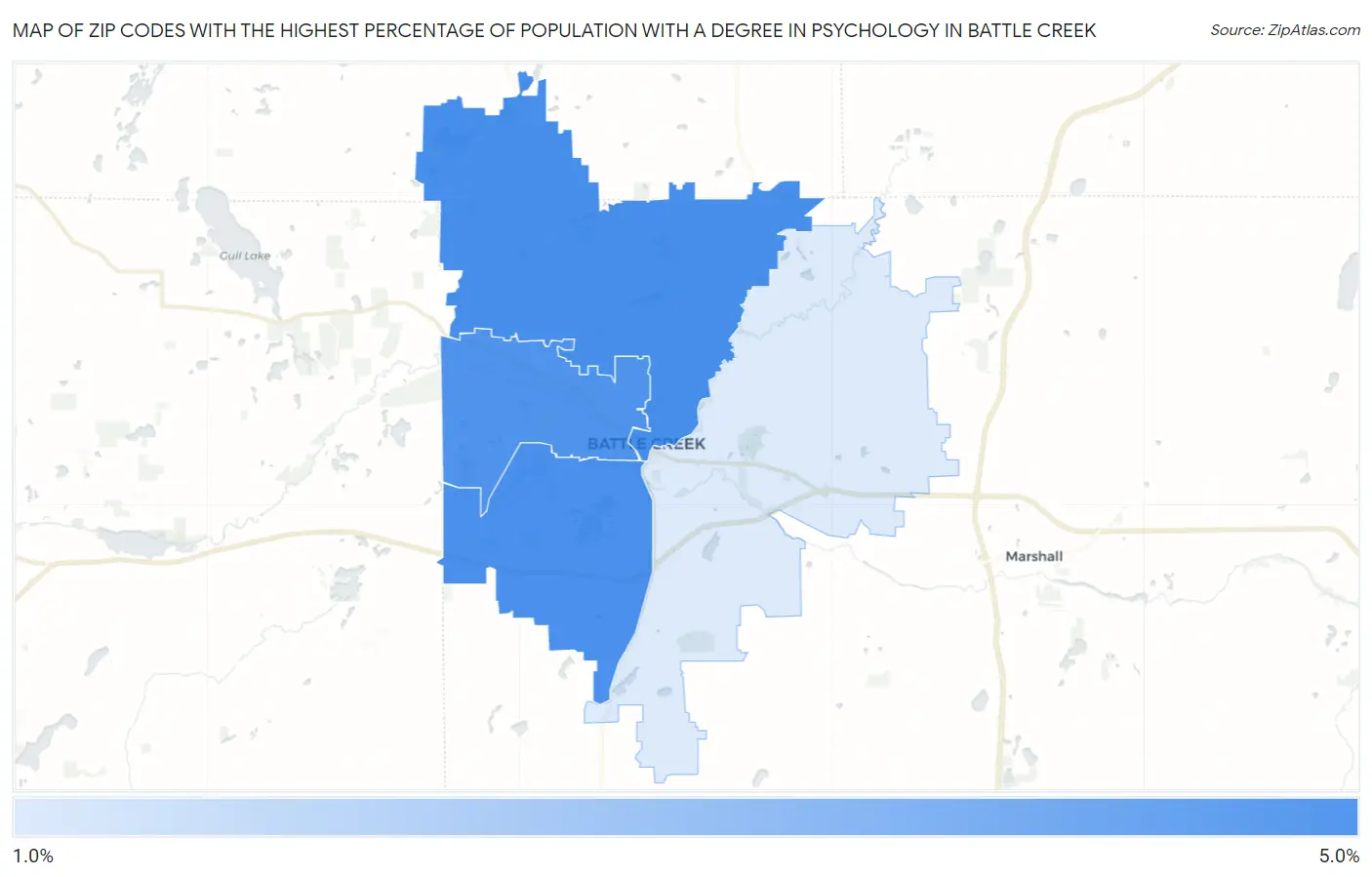 Zip Codes with the Highest Percentage of Population with a Degree in Psychology in Battle Creek Map