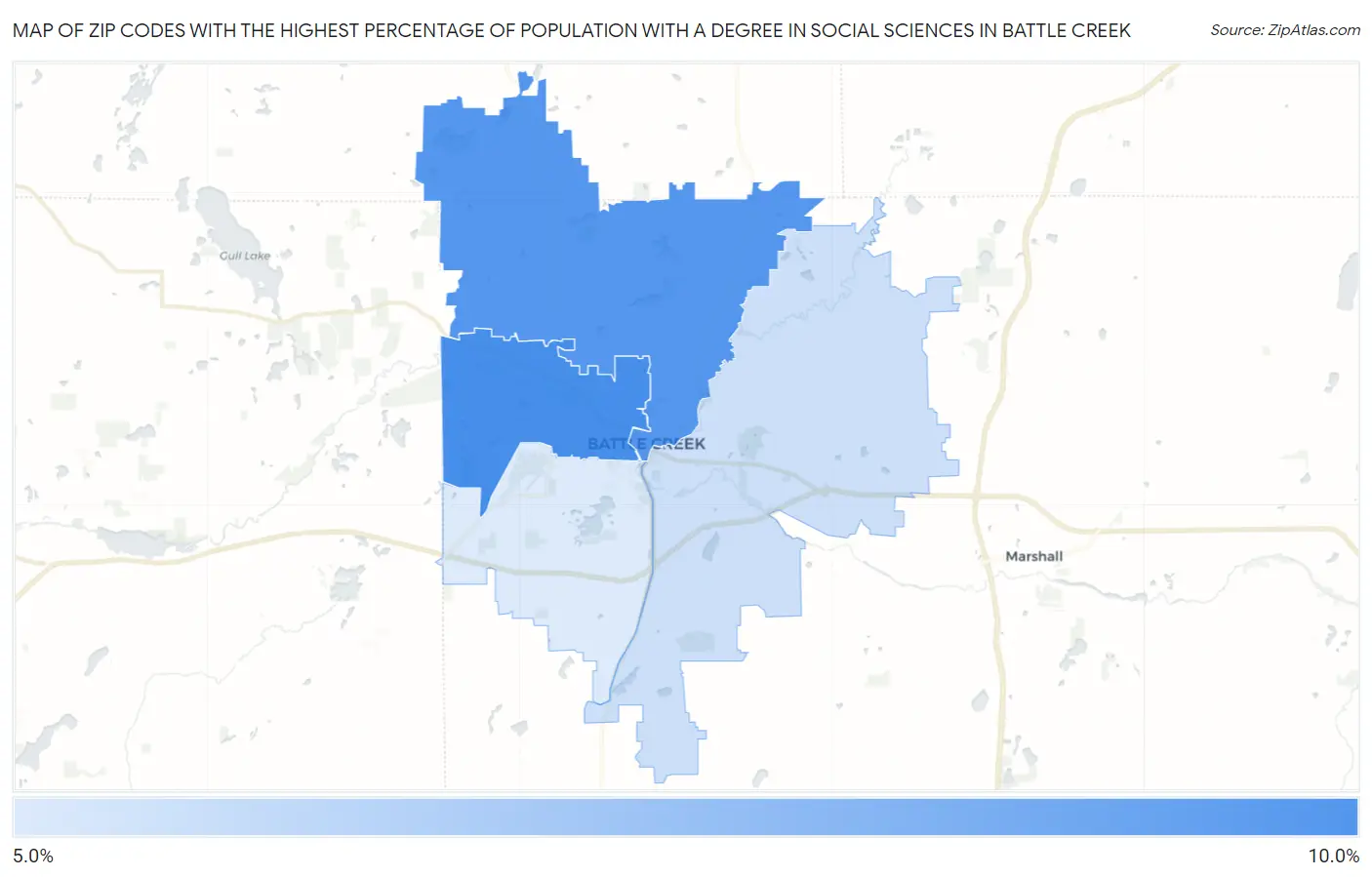 Zip Codes with the Highest Percentage of Population with a Degree in Social Sciences in Battle Creek Map