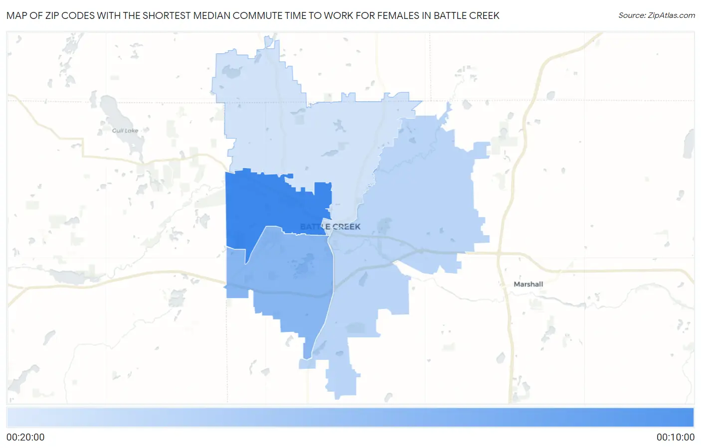 Zip Codes with the Shortest Median Commute Time to Work for Females in Battle Creek Map