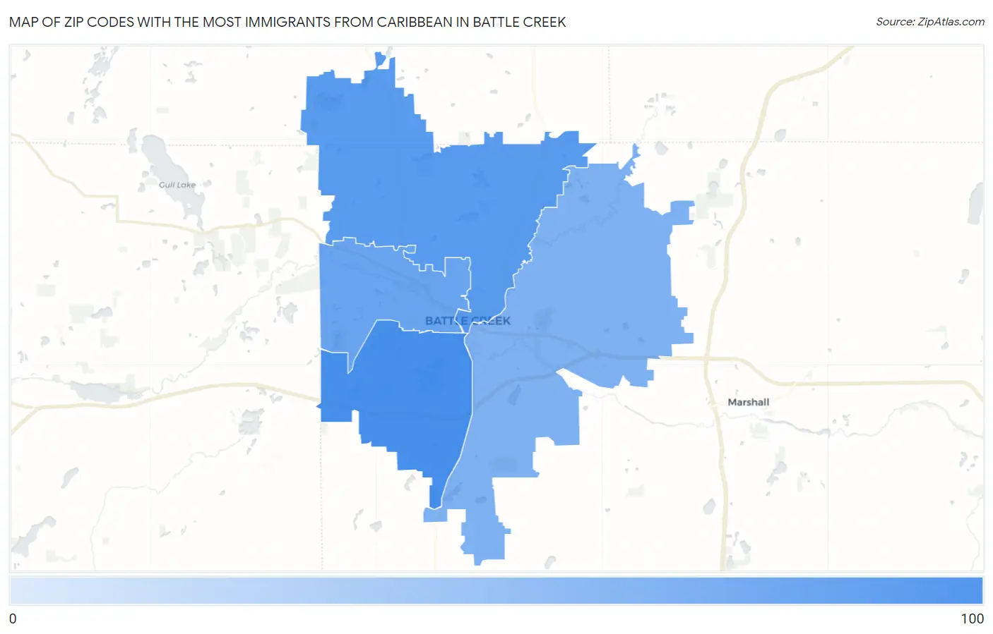 Zip Codes with the Most Immigrants from Caribbean in Battle Creek Map