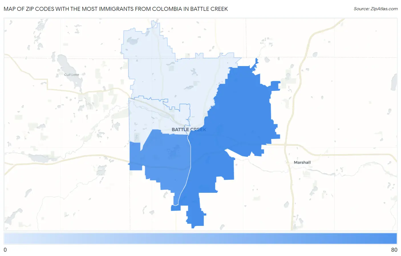 Zip Codes with the Most Immigrants from Colombia in Battle Creek Map