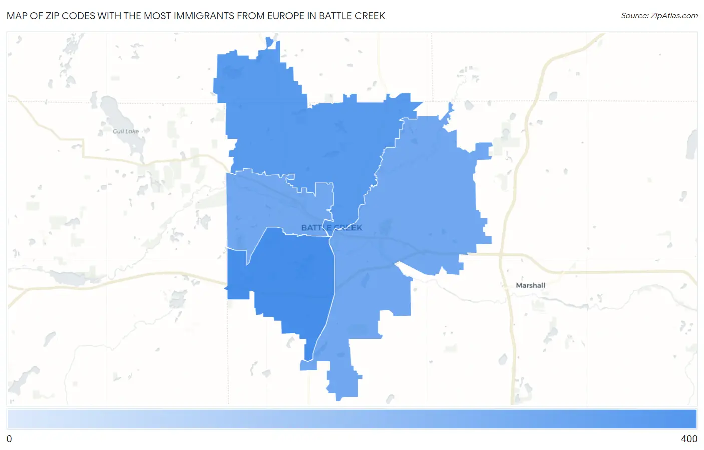 Zip Codes with the Most Immigrants from Europe in Battle Creek Map