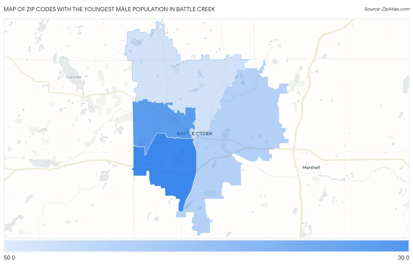 Zip Codes with the Youngest Male Population in Battle Creek Map