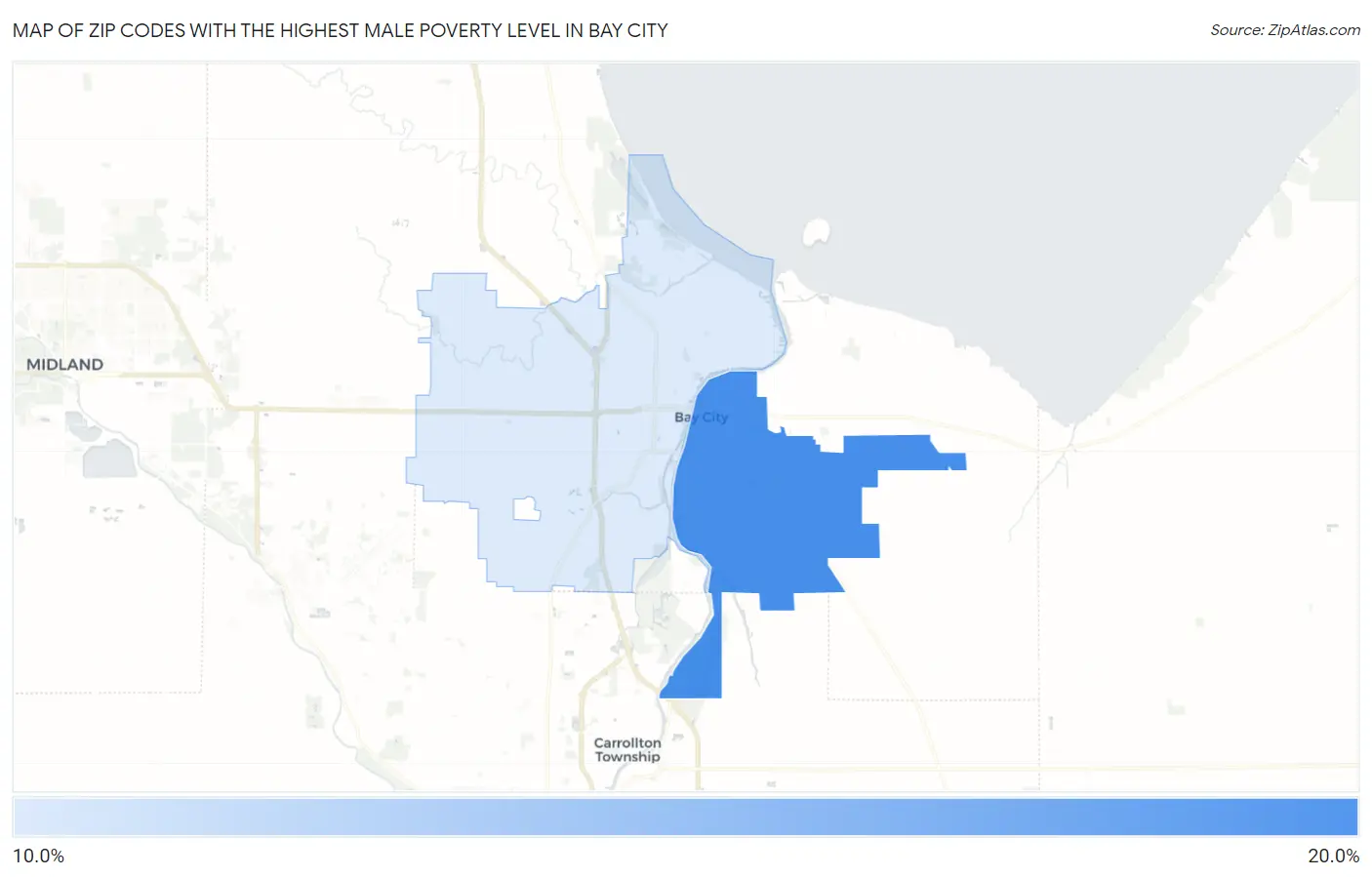 Zip Codes with the Highest Male Poverty Level in Bay City Map