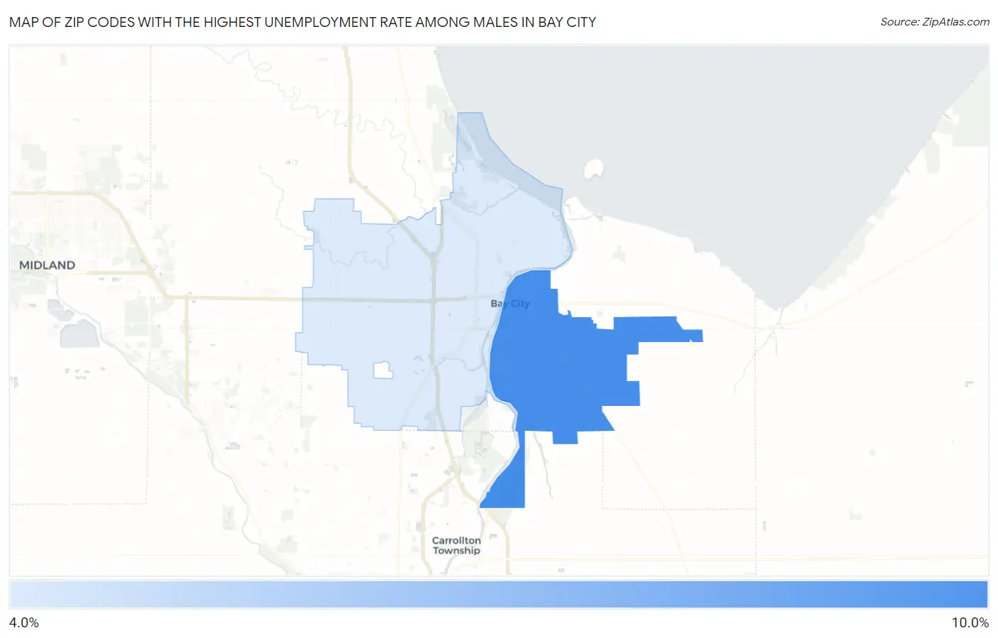 Zip Codes with the Highest Unemployment Rate Among Males in Bay City Map