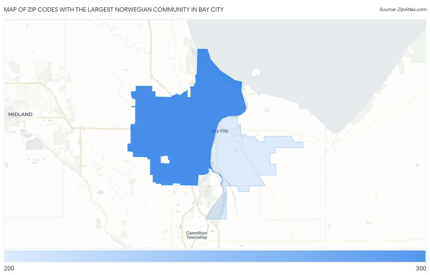 Zip Codes with the Largest Norwegian Community in Bay City Map