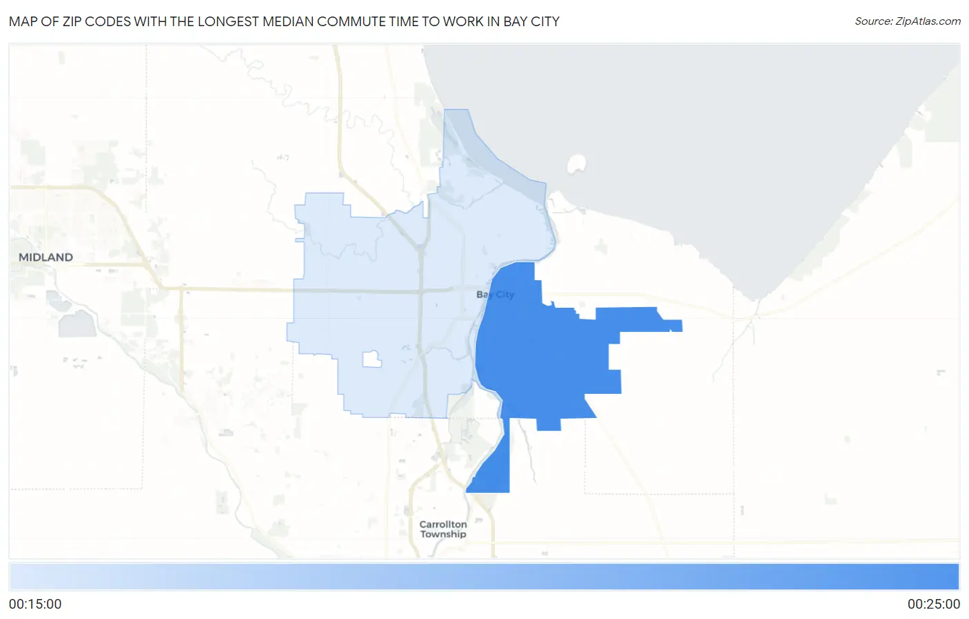 Zip Codes with the Longest Median Commute Time to Work in Bay City Map