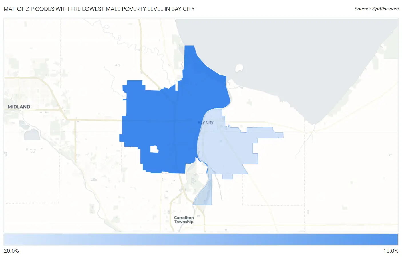 Zip Codes with the Lowest Male Poverty Level in Bay City Map