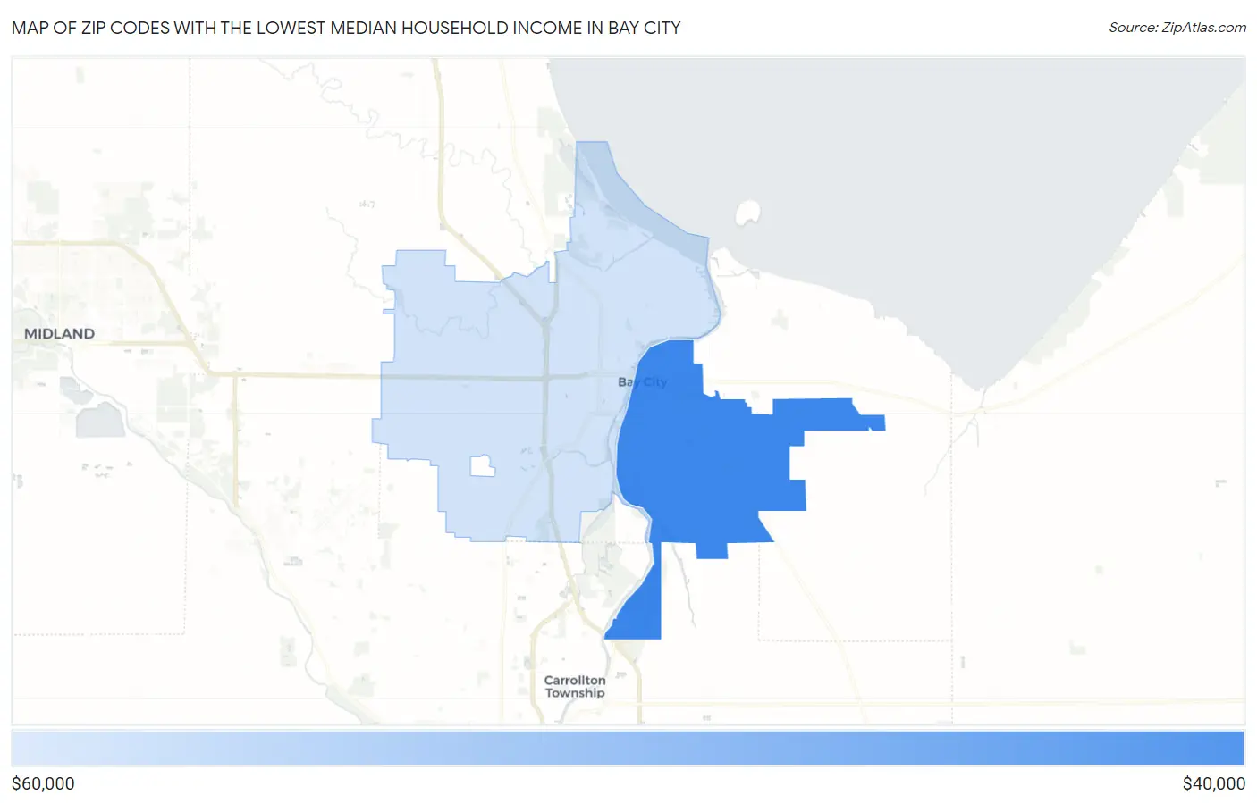 Zip Codes with the Lowest Median Household Income in Bay City Map