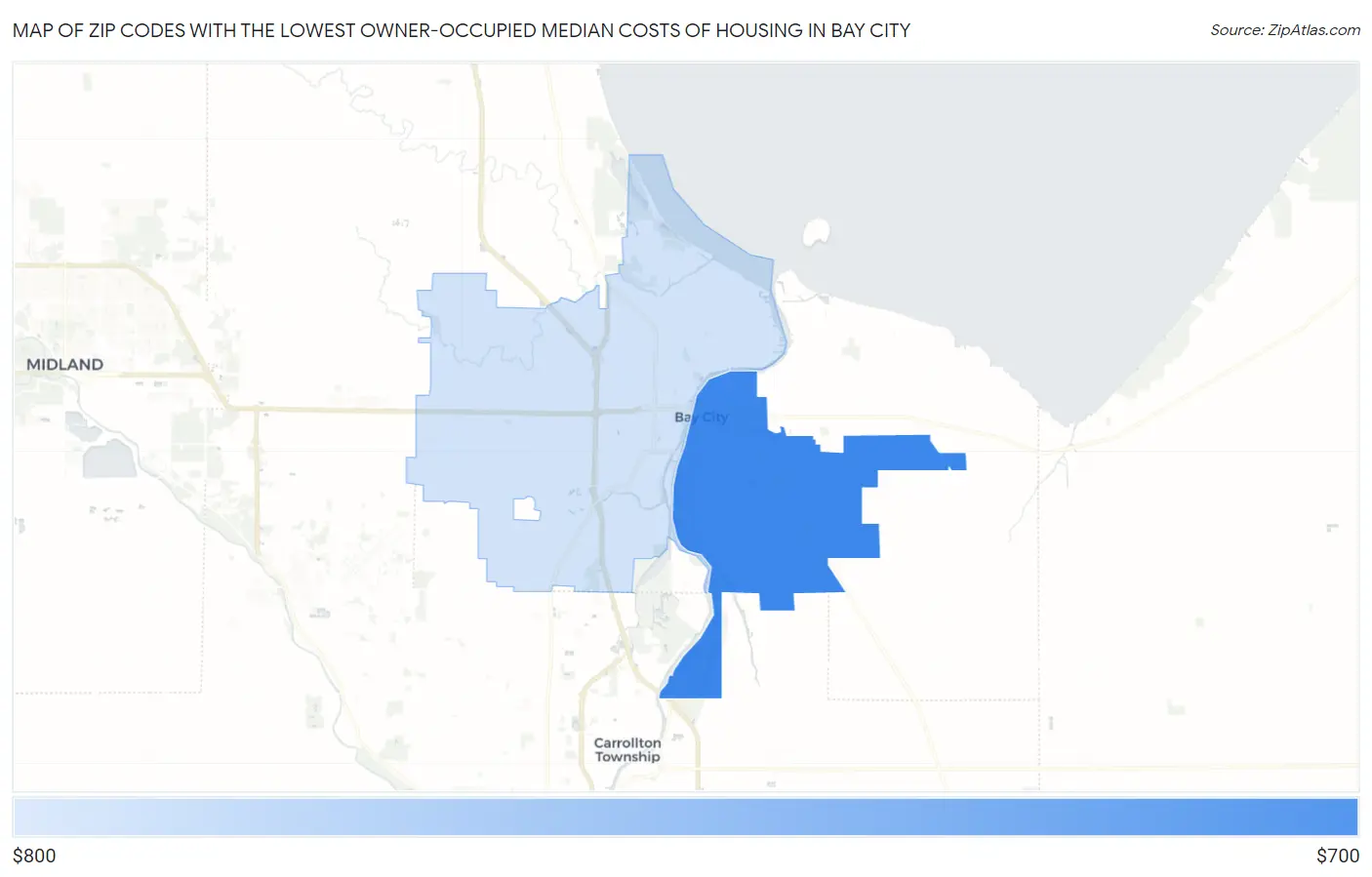 Zip Codes with the Lowest Owner-Occupied Median Costs of Housing in Bay City Map