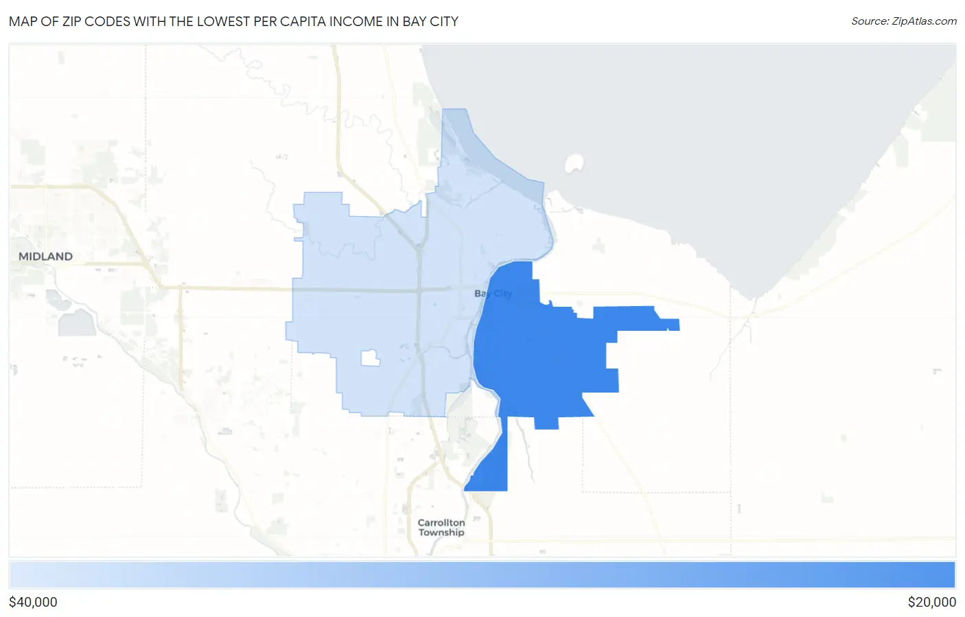 Zip Codes with the Lowest Per Capita Income in Bay City Map