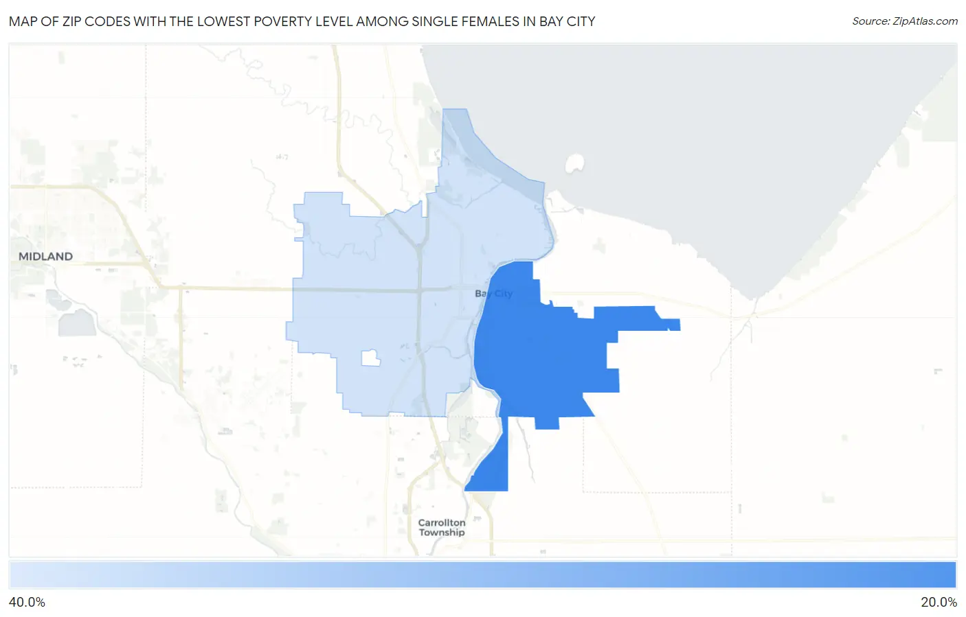 Zip Codes with the Lowest Poverty Level Among Single Females in Bay City Map