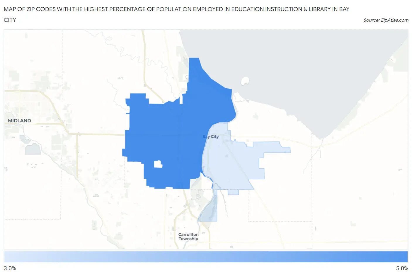 Zip Codes with the Highest Percentage of Population Employed in Education Instruction & Library in Bay City Map