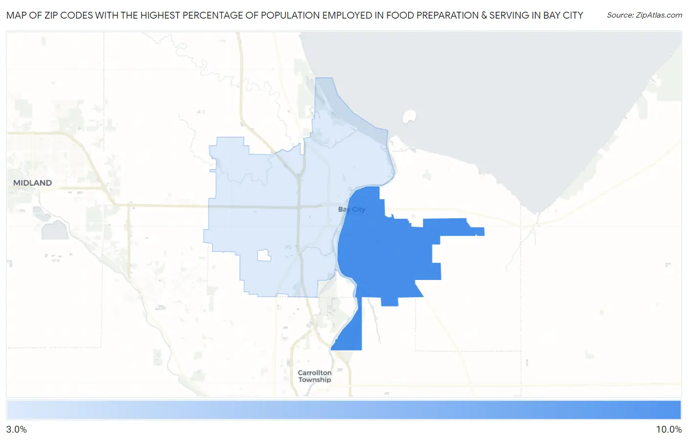 Zip Codes with the Highest Percentage of Population Employed in Food Preparation & Serving in Bay City Map