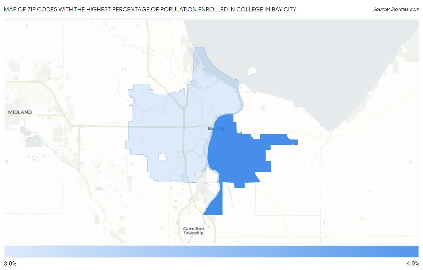 Zip Codes with the Highest Percentage of Population Enrolled in College in Bay City Map