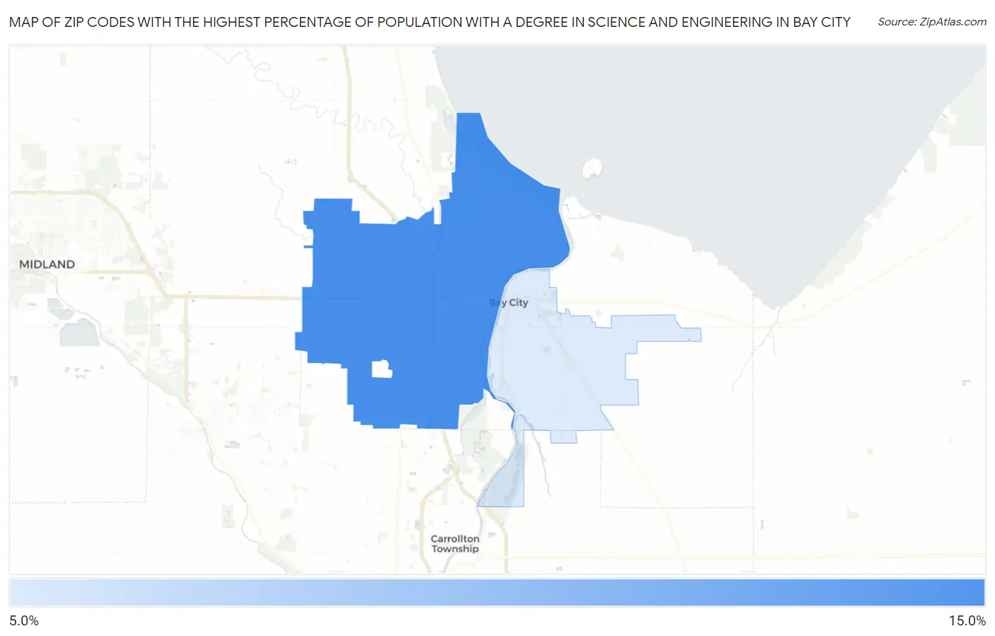 Zip Codes with the Highest Percentage of Population with a Degree in Science and Engineering in Bay City Map