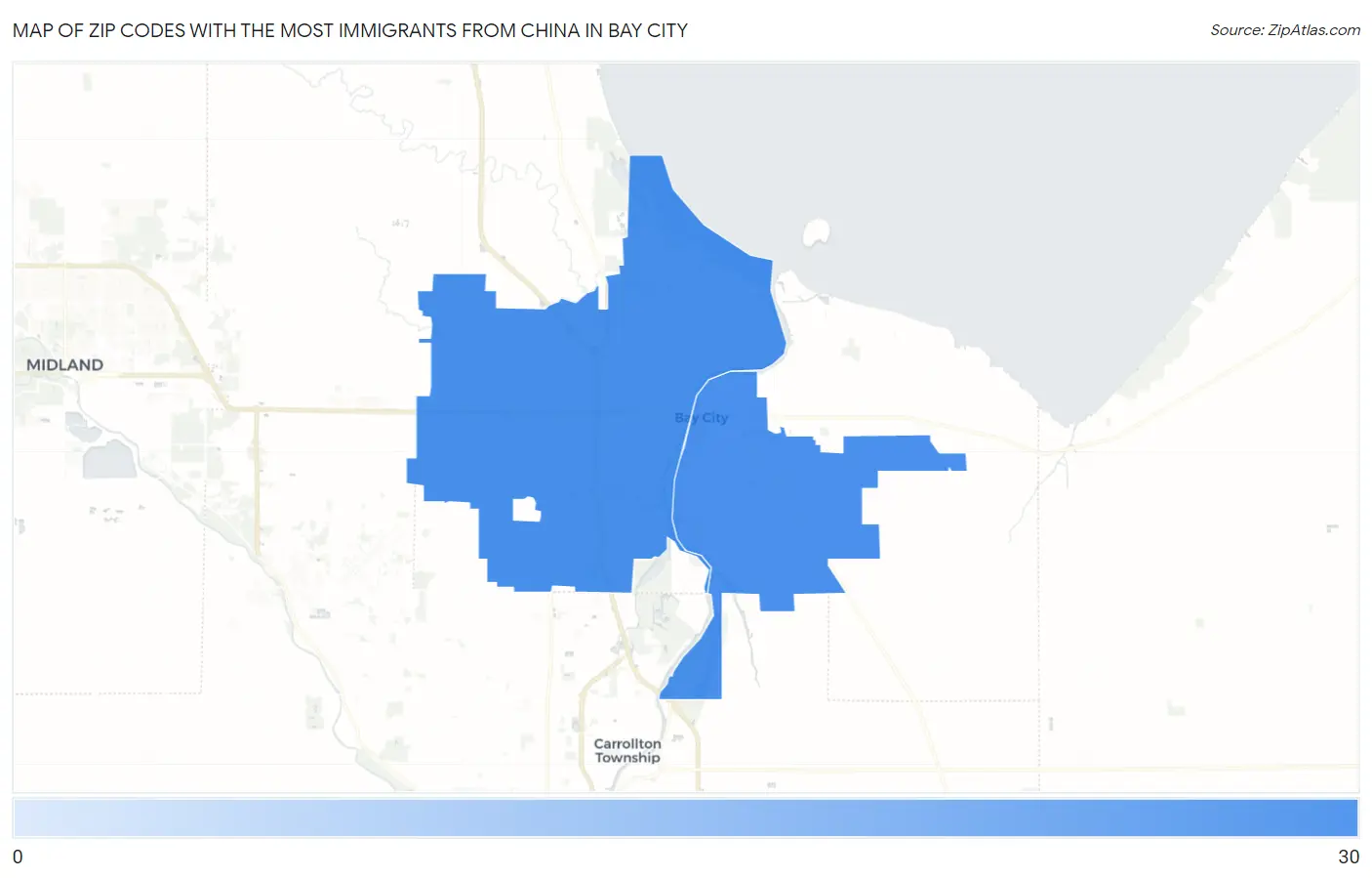 Zip Codes with the Most Immigrants from China in Bay City Map