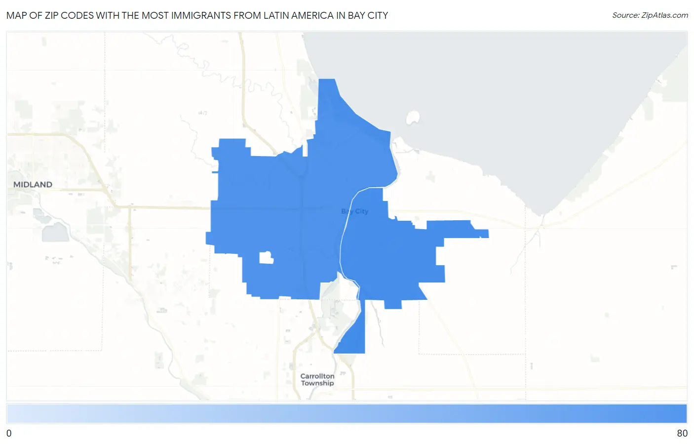 Zip Codes with the Most Immigrants from Latin America in Bay City Map