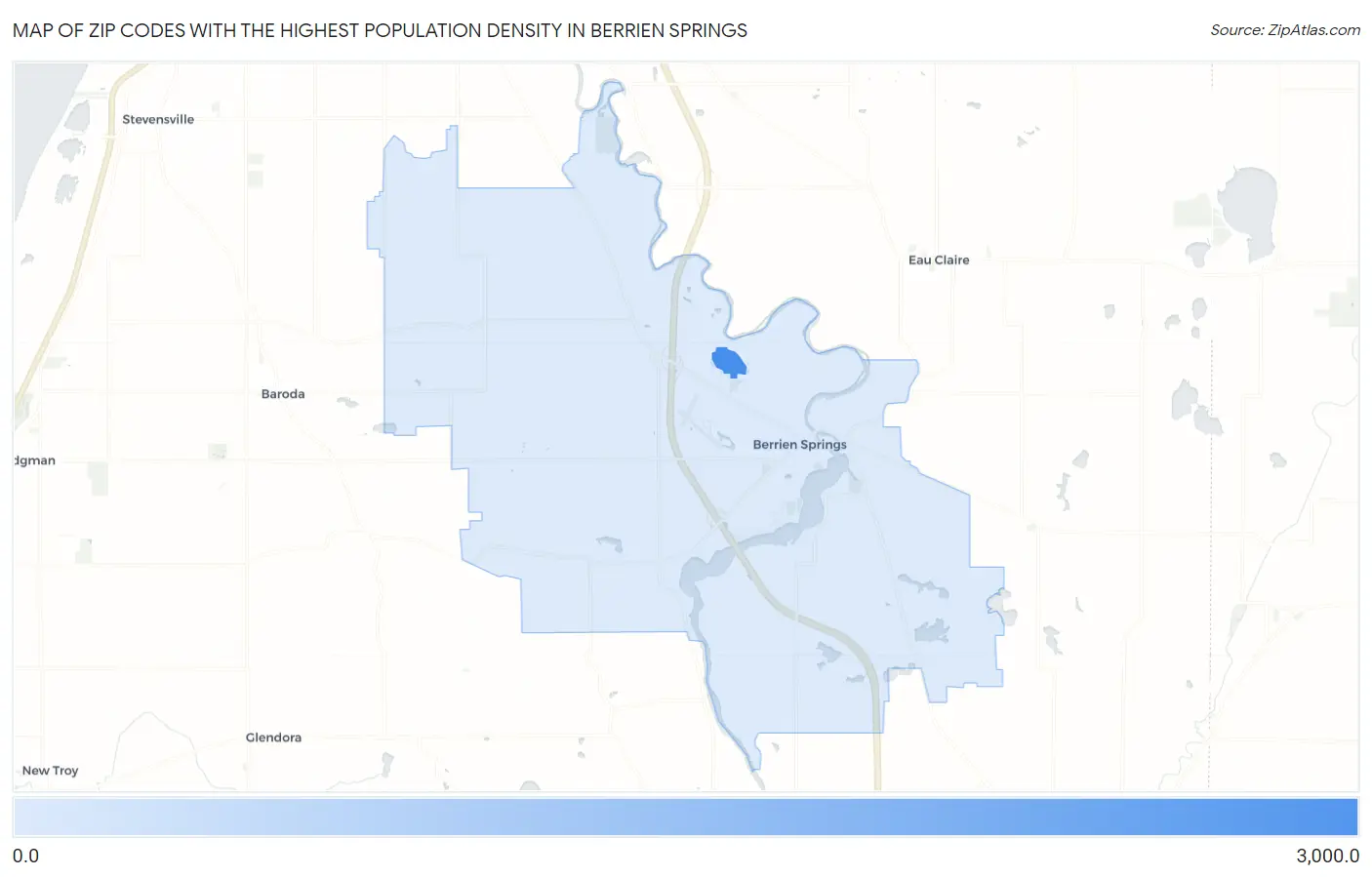 Zip Codes with the Highest Population Density in Berrien Springs Map