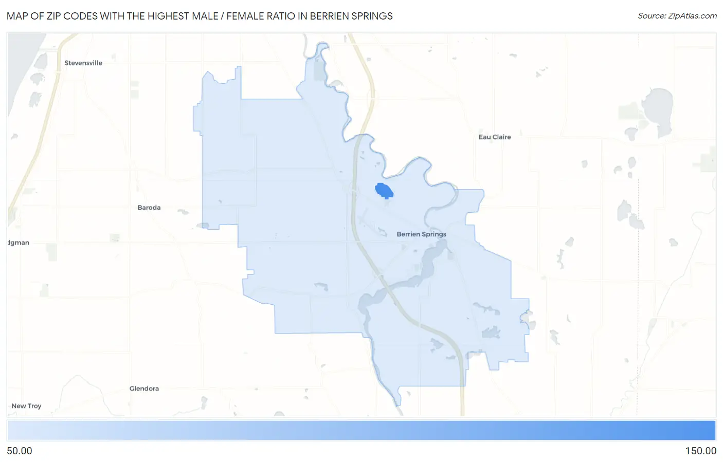Zip Codes with the Highest Male / Female Ratio in Berrien Springs Map