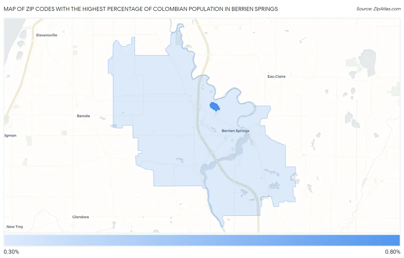 Zip Codes with the Highest Percentage of Colombian Population in Berrien Springs Map