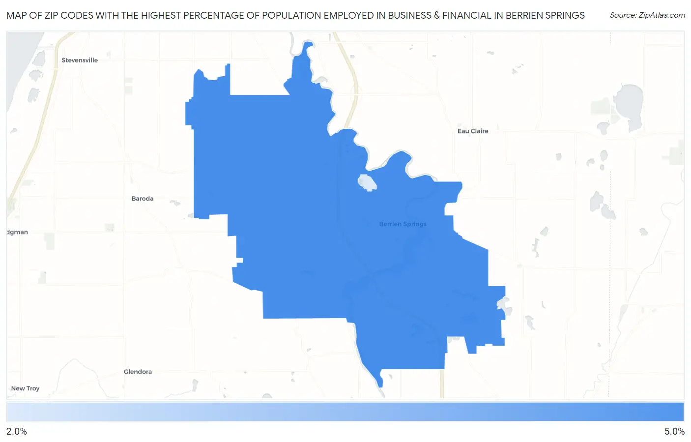 Zip Codes with the Highest Percentage of Population Employed in Business & Financial in Berrien Springs Map