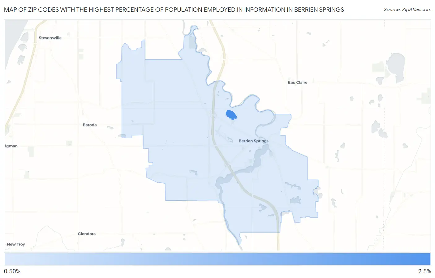 Zip Codes with the Highest Percentage of Population Employed in Information in Berrien Springs Map