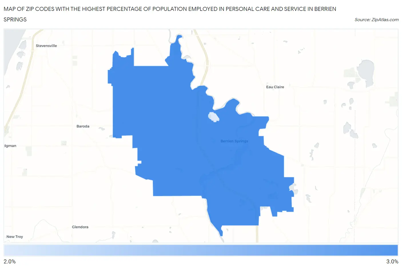 Zip Codes with the Highest Percentage of Population Employed in Personal Care and Service in Berrien Springs Map