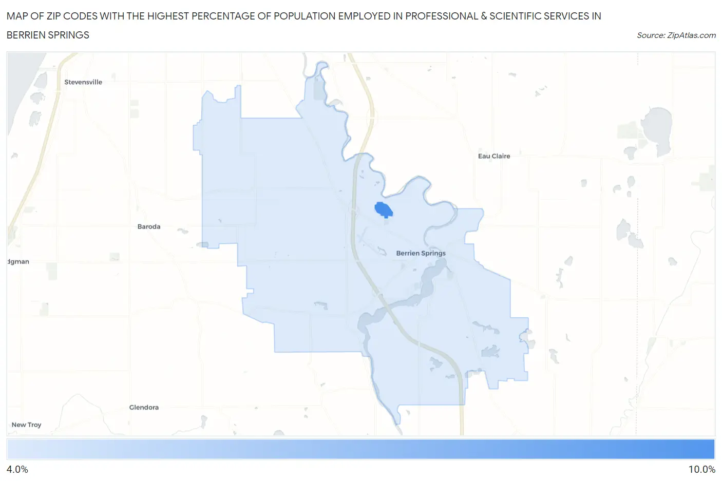 Zip Codes with the Highest Percentage of Population Employed in Professional & Scientific Services in Berrien Springs Map
