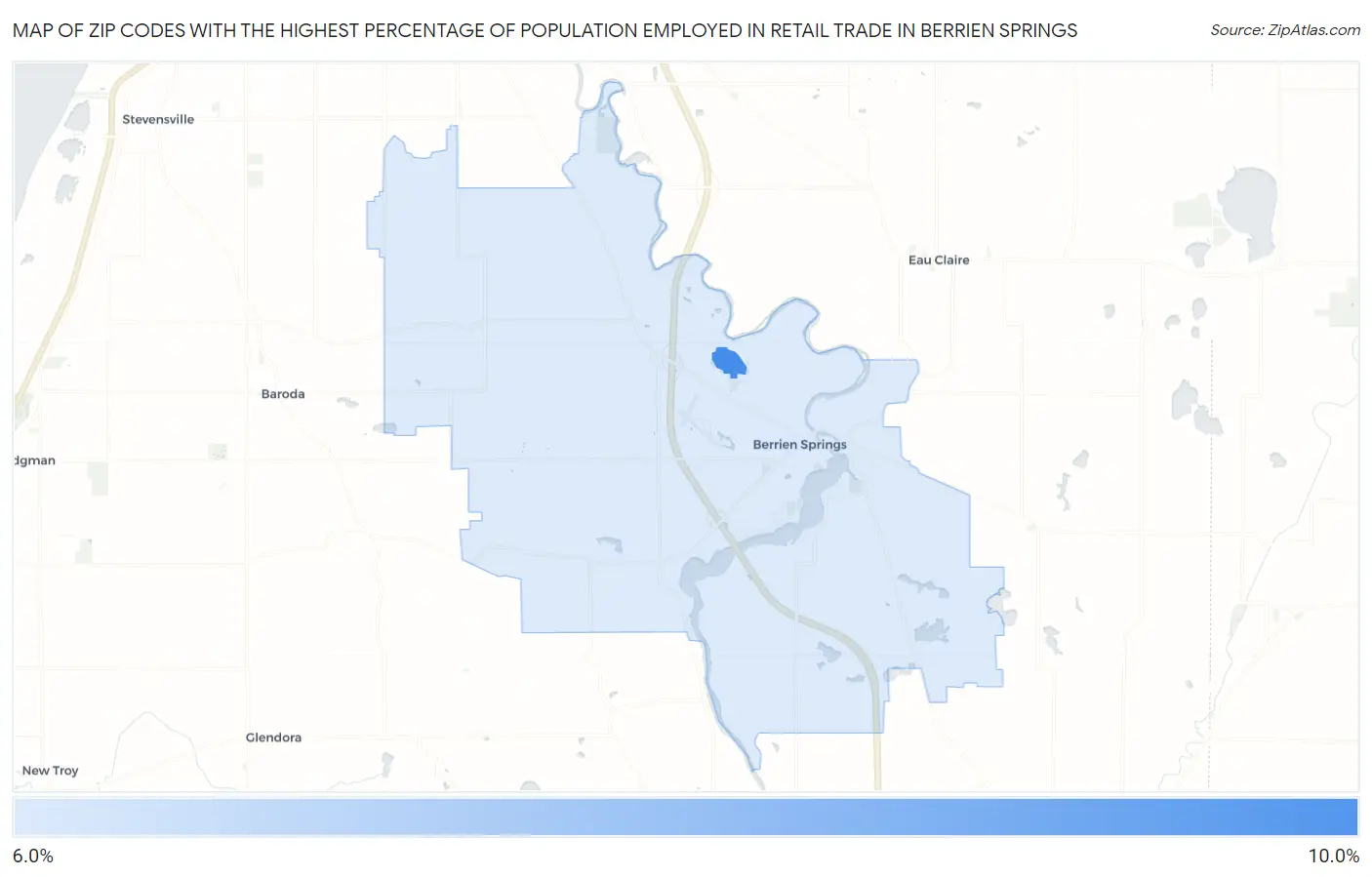 Zip Codes with the Highest Percentage of Population Employed in Retail Trade in Berrien Springs Map