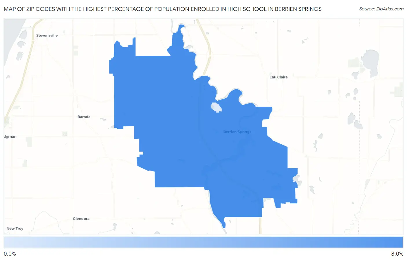 Zip Codes with the Highest Percentage of Population Enrolled in High School in Berrien Springs Map