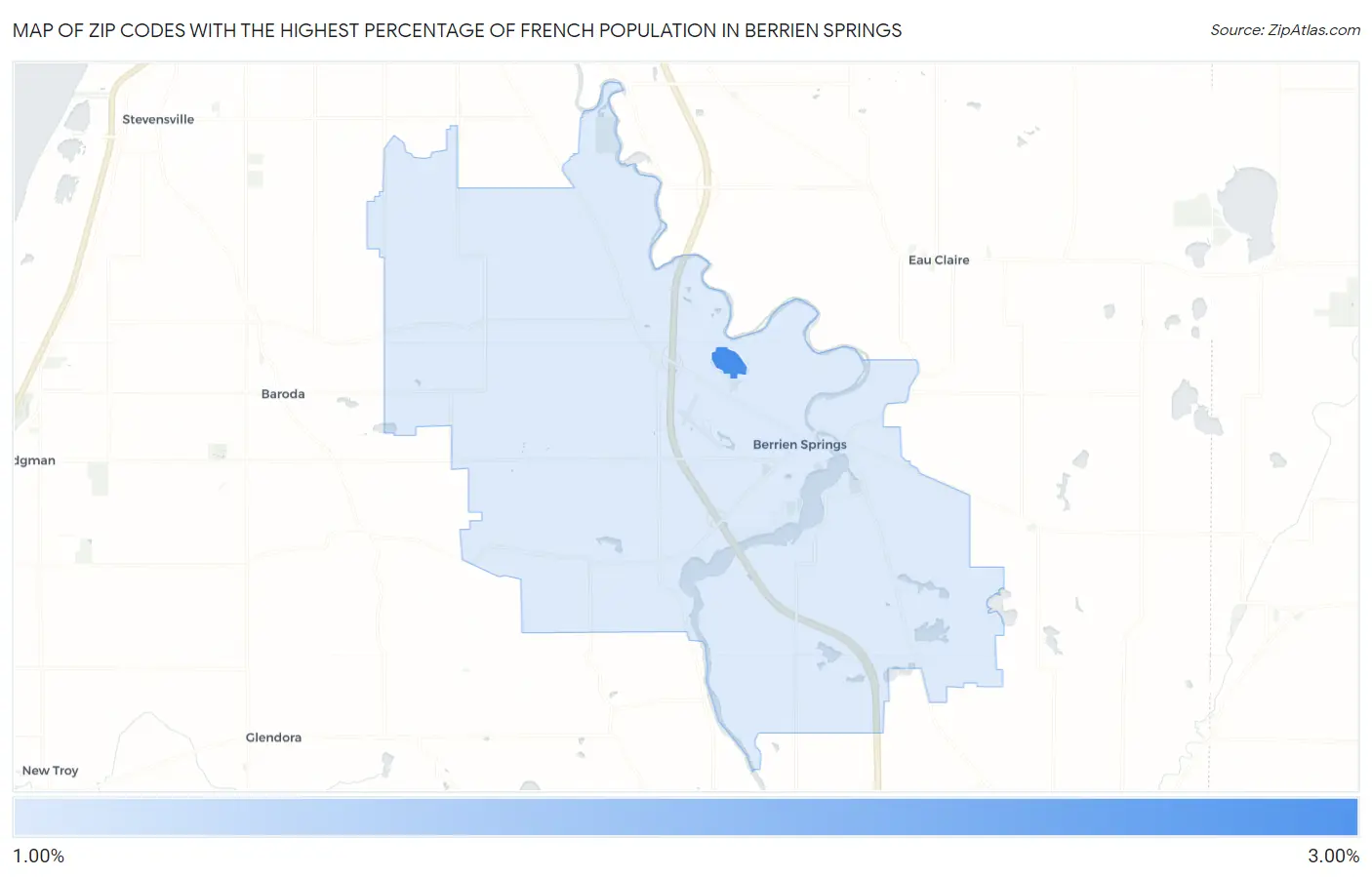 Zip Codes with the Highest Percentage of French Population in Berrien Springs Map