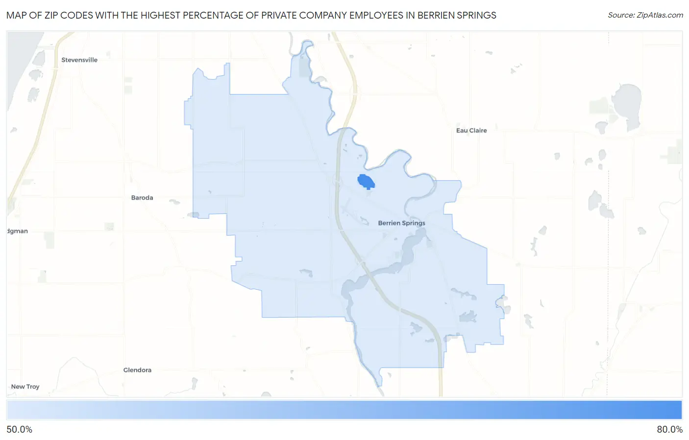 Zip Codes with the Highest Percentage of Private Company Employees in Berrien Springs Map