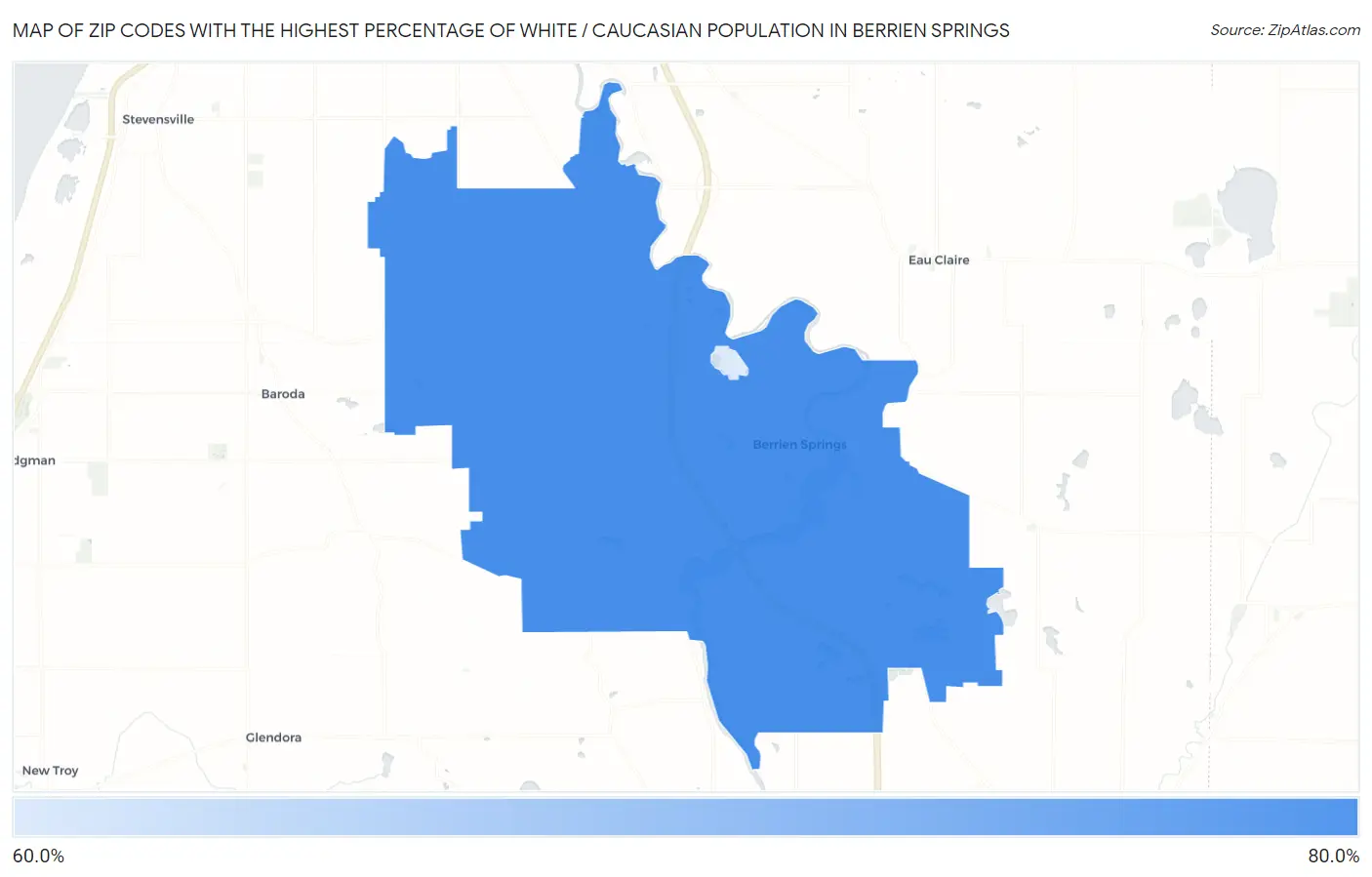 Zip Codes with the Highest Percentage of White / Caucasian Population in Berrien Springs Map