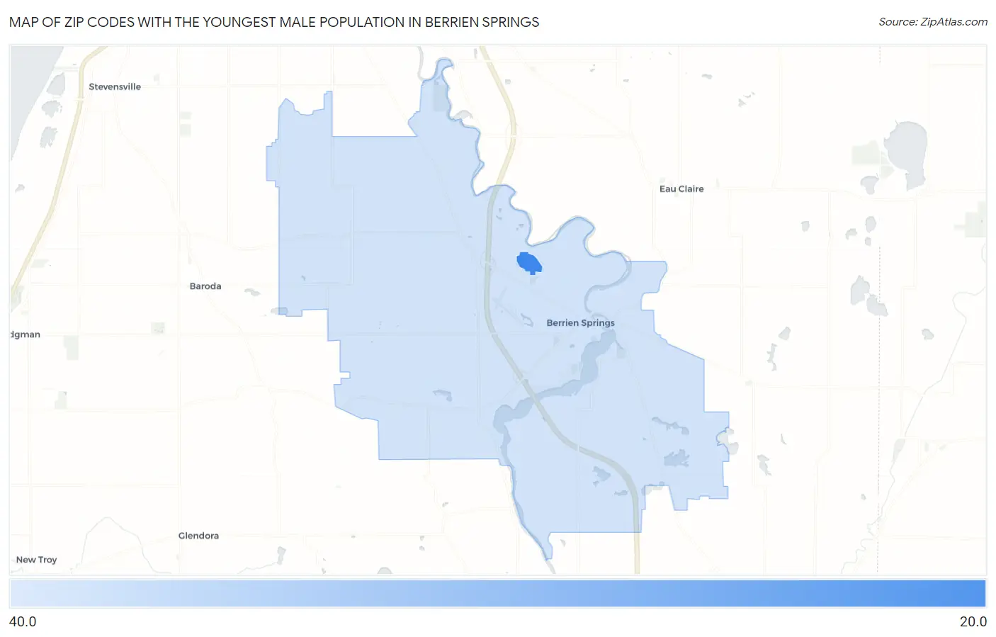 Zip Codes with the Youngest Male Population in Berrien Springs Map
